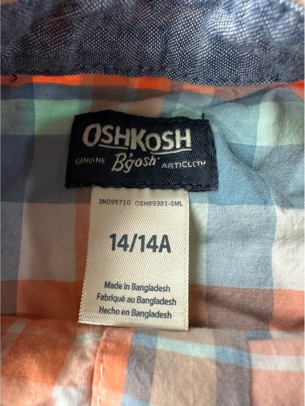 Oshkosh B'gosh Boys' Short Sleeve Plaid Shirt Size 14